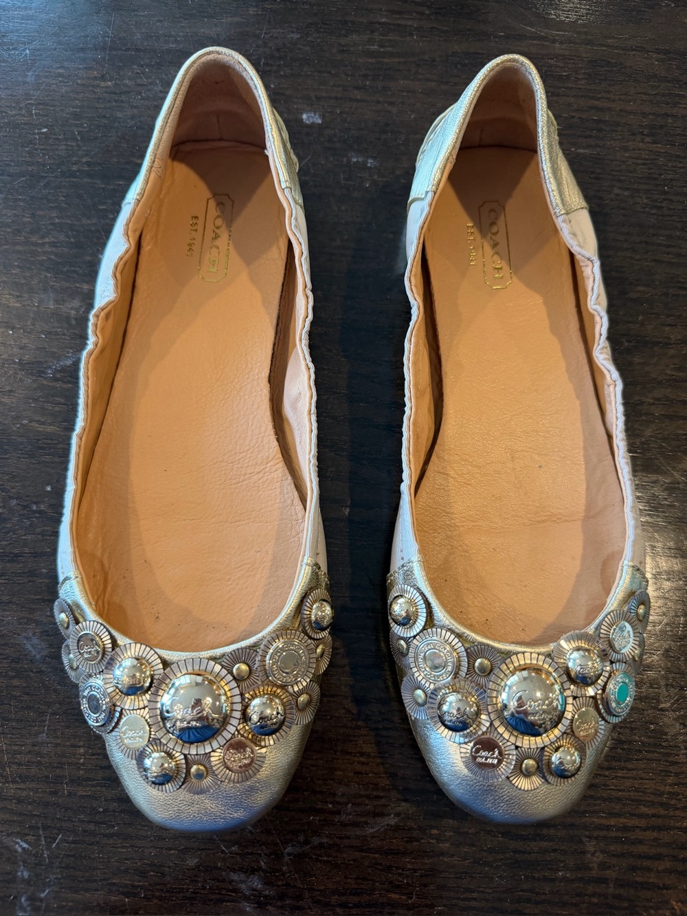 Coach Venus Metallic Embellished Ballet Flats - Gold BNWB